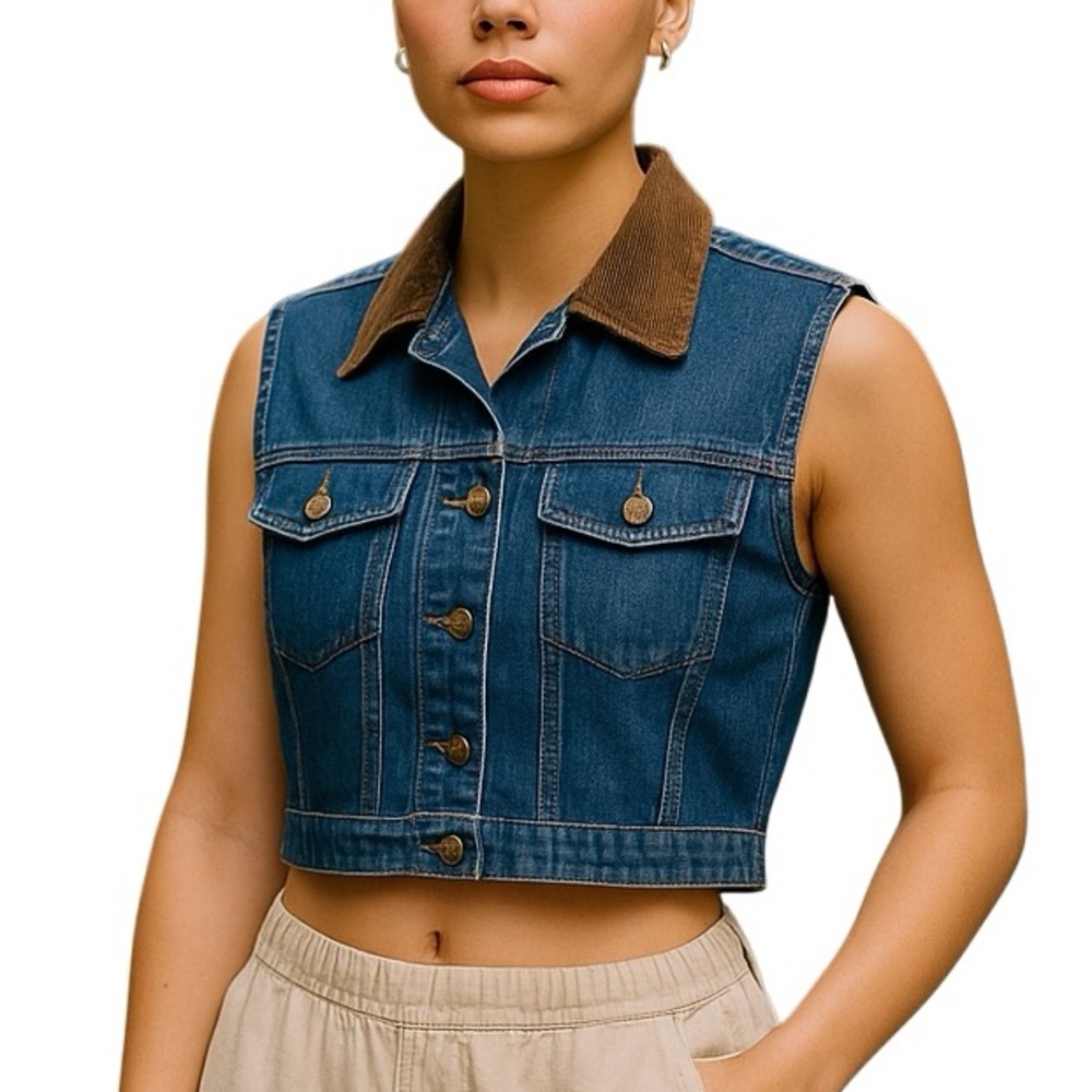 Vintage 90’s Denim Vest Corduroy Collar Cropped Deadstock Size M